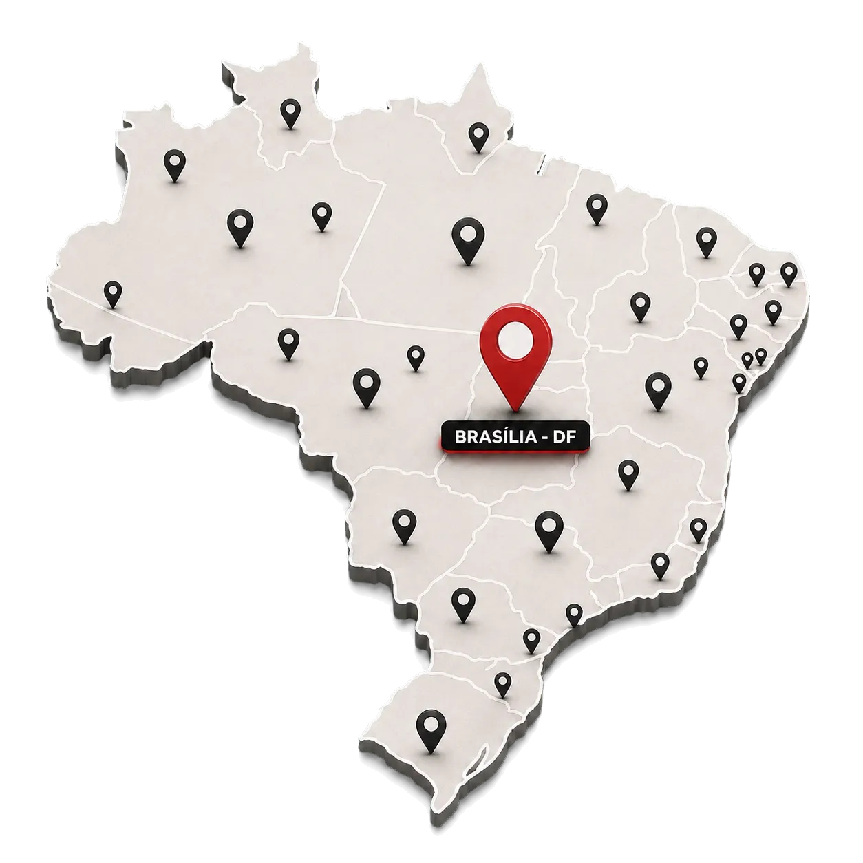 Mapa do Brasil destacando a atuação nacional a partir de Brasília